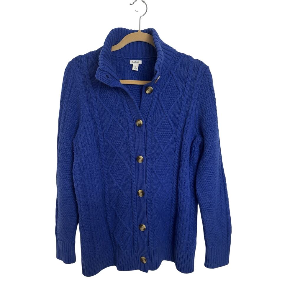 LL Bean Merino Wool Blend Royal Blue Cable Knit Button Front Cardigan XL